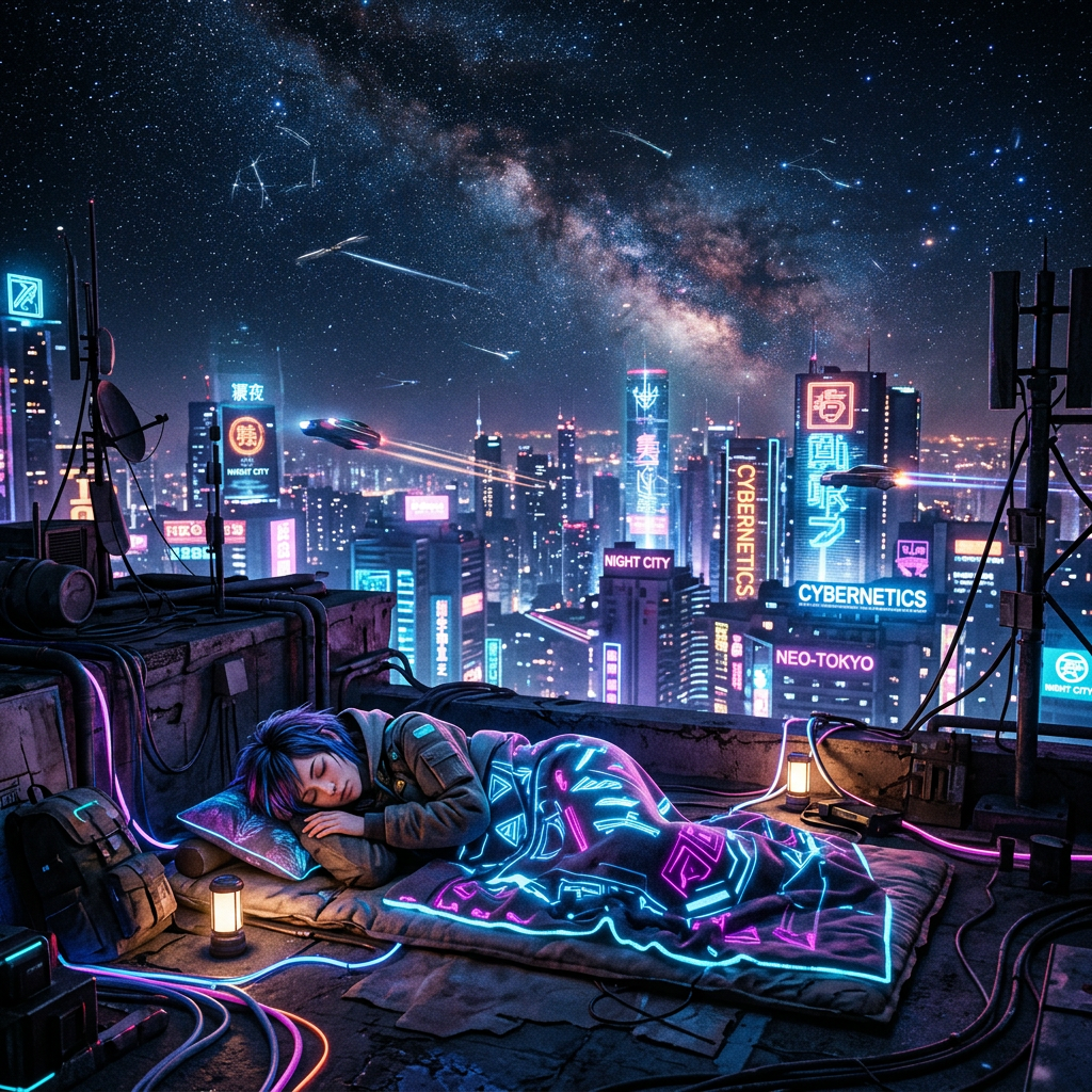 Person sleeping on rooftop with glowing neon blanket overlooking cyberpunk cityscape at night